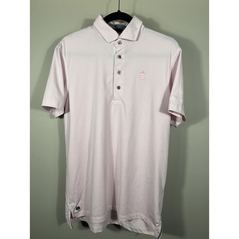 Greyson Men's Golf Polo Pink Striped Size Medium Short Sleeve Custom Embroid (O)